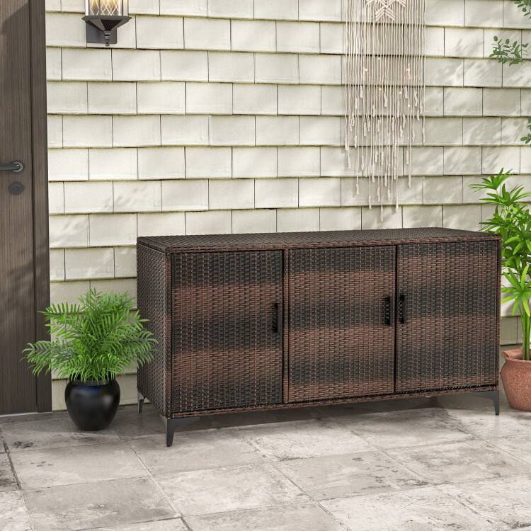 Angle. Mondawe - 84 Gal Patio Wicker Deck Box 3-Door PE Rattan Storage with Removable Shelves - Mix Brown.
