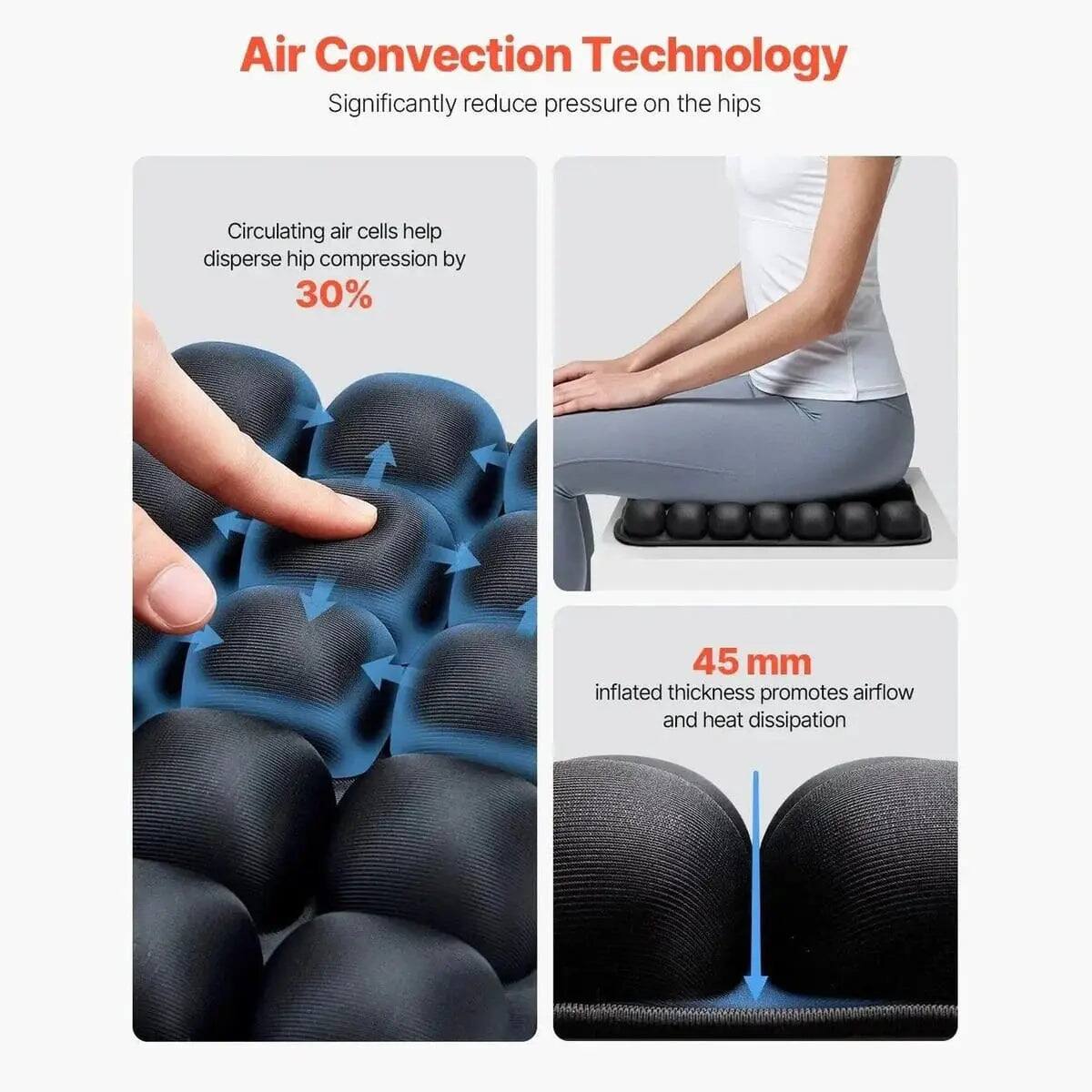Air Convection Technology

Significantly reduce pressure on the hips

Circulating air cells help disperse hip compression by 30%

45 mm inflated thickness promotes airflow and heat dissipation
