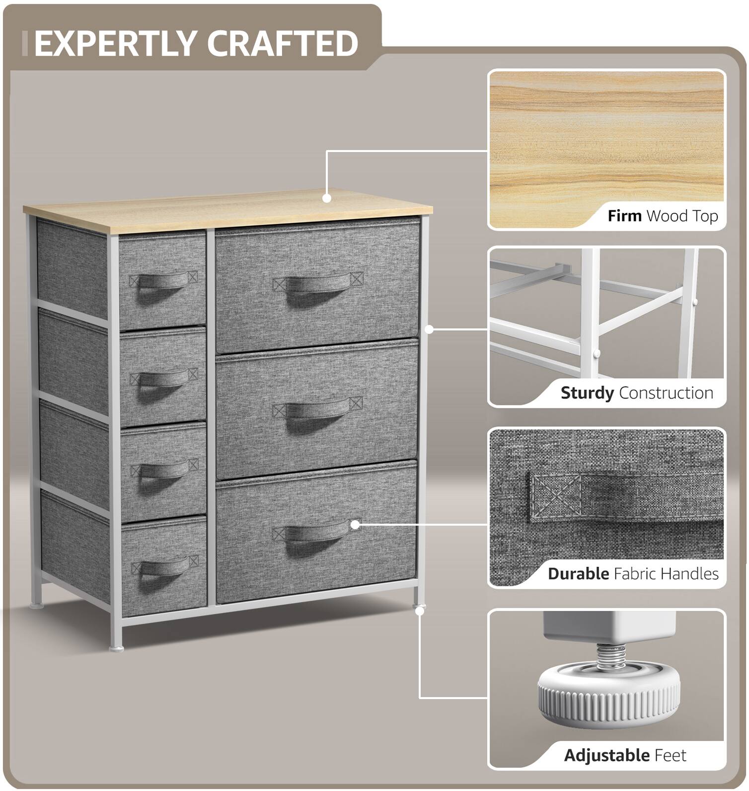 EXPERTLY CRAFTED

- Firm Wood Top
- Sturdy Construction
- Durable Fabric Handles
- Adjustable Feet