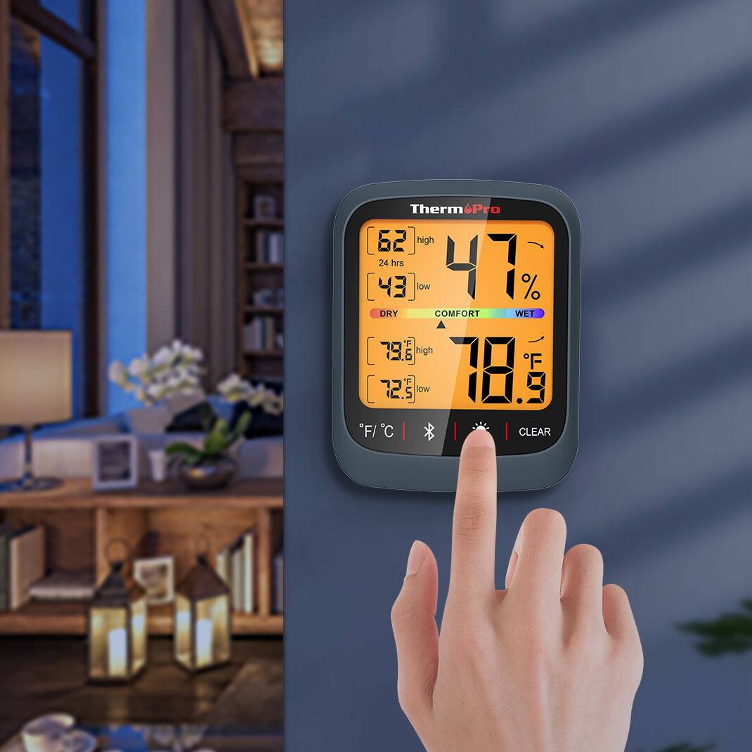 ThermPro  
62°F high  
43°F low  
79.6°F high  
72.5°F low  
47% humidity  
78.9°F  
DRY COMFORT WET  
°F/°C  
CLEAR