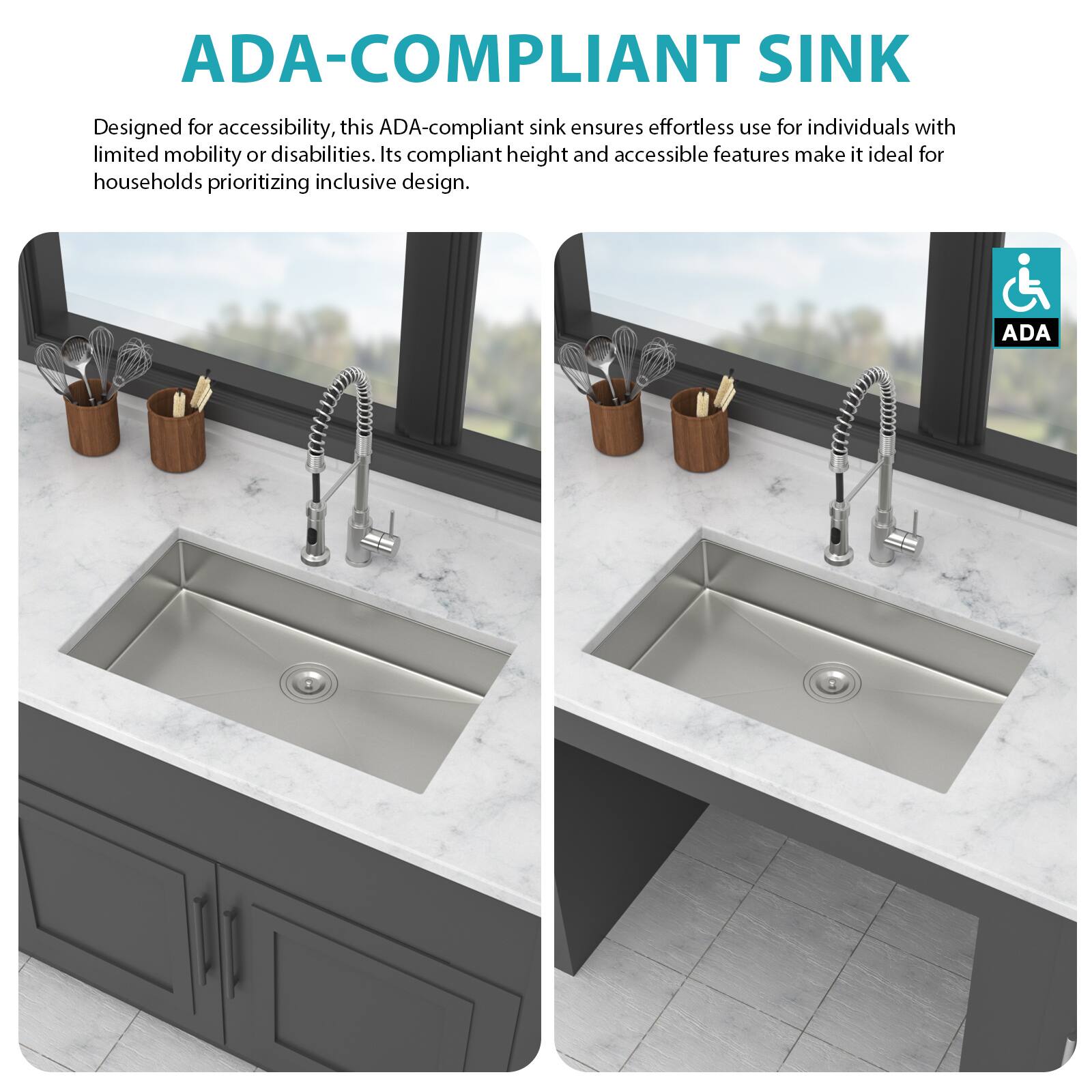 ADA-COMPLIANT SINK

Designed for accessibility, this ADA-compliant sink ensures effortless use for individuals with limited mobility or disabilities. Its compliant height and accessible features make it ideal for households prioritizing inclusive design.
