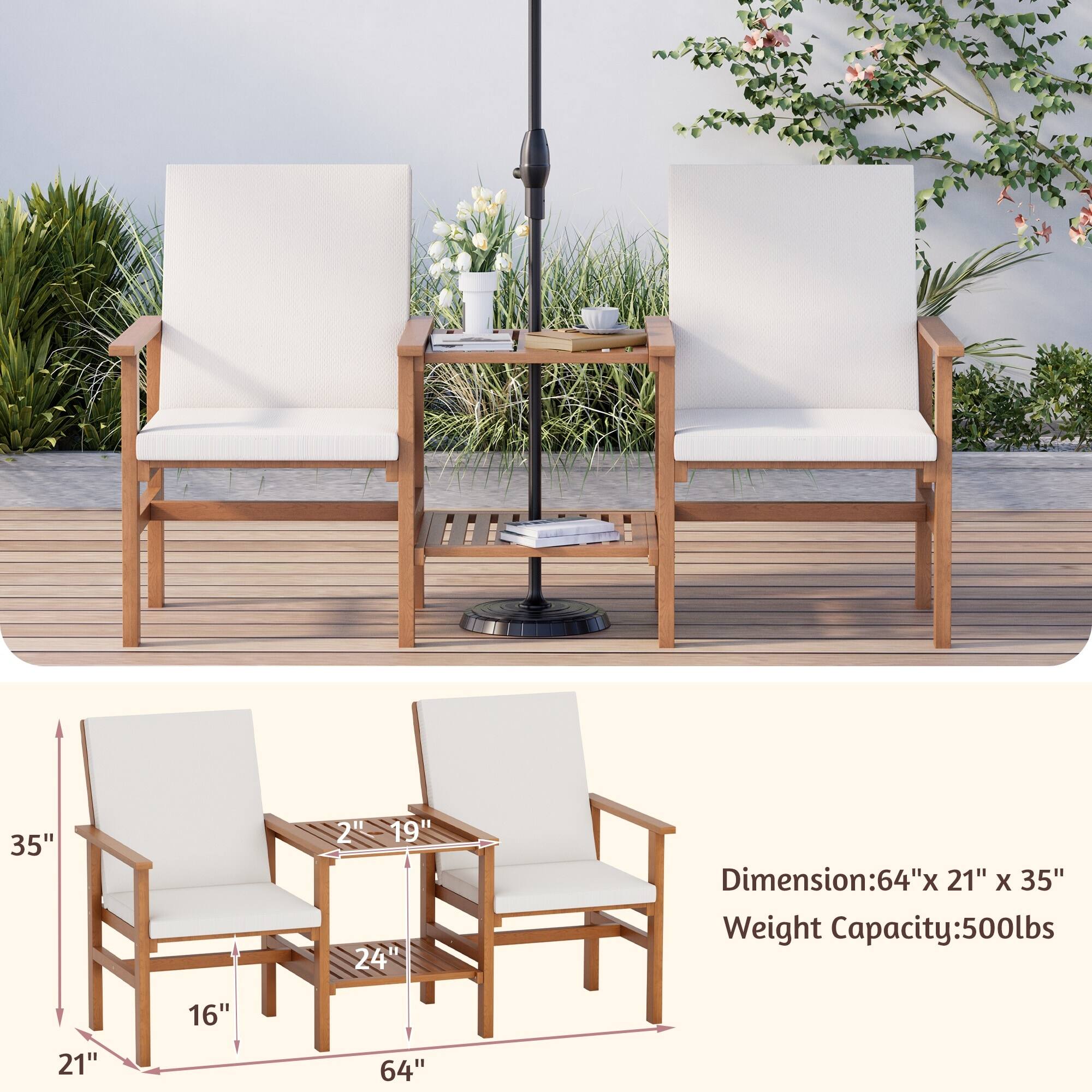 - Dimension: 64" x 21" x 35"
- Weight Capacity: 500lbs
- 35"
- 21"
- 16"
- 24"
- 64"
- 2"
- 19"