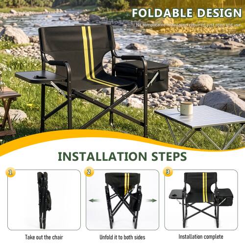 FOLDABLE DESIGN  
No complicated installation required, just open and use  

INSTALLATION STEPS  
1. Take out the chair  
2. Unfold it to both sides  
3. Installation complete