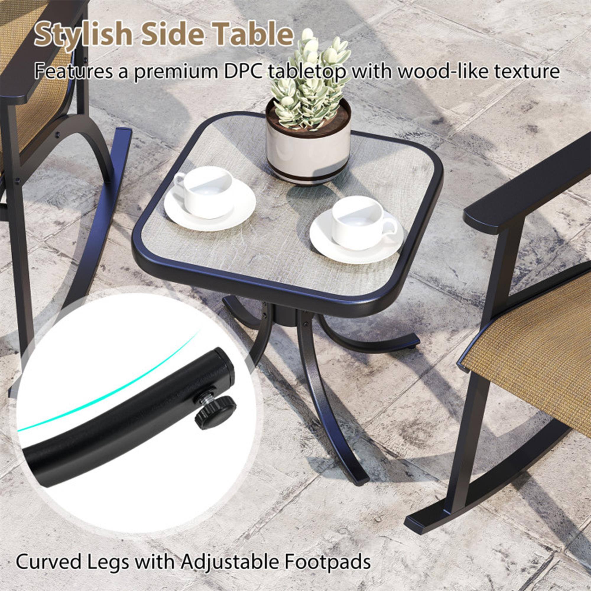 Stylish Side Table  
Features a premium DPC tabletop with wood-like texture  
Curved Legs with Adjustable Footpads