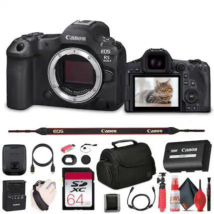 Canon EOS R5 Mark II
Canon LP-E6P
Canon SP XC 64GB
Canon Camera Strap
Canon Cleaning Kit
Canon Camera Bag
Canon Camera Lens Cap
Canon Camera Remote
Canon Camera USB Cable
Canon Camera AC Adapter