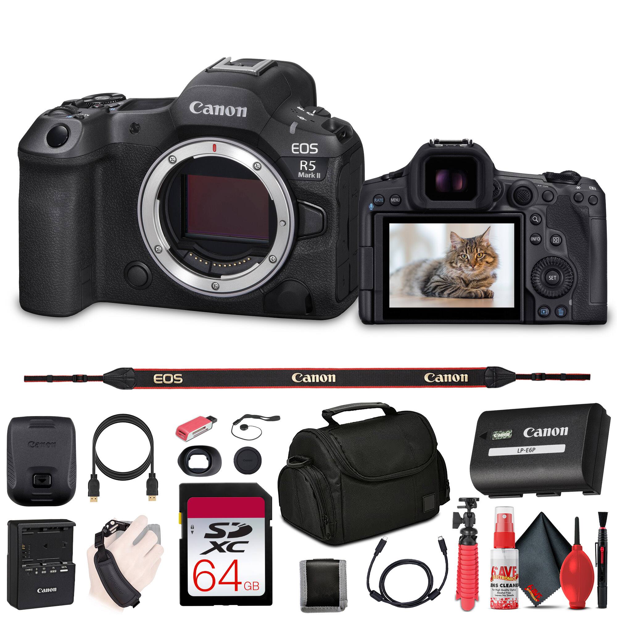 Canon EOS R5 Mark II  
Canon LP-E6P  
Canon SP XC 64GB  
Canon Camera Strap  
Canon Cleaning Kit  
Canon Camera Bag  
Canon Camera Lens Cap  
Canon Camera Remote  
Canon Camera USB Cable  
Canon Camera AC Adapter