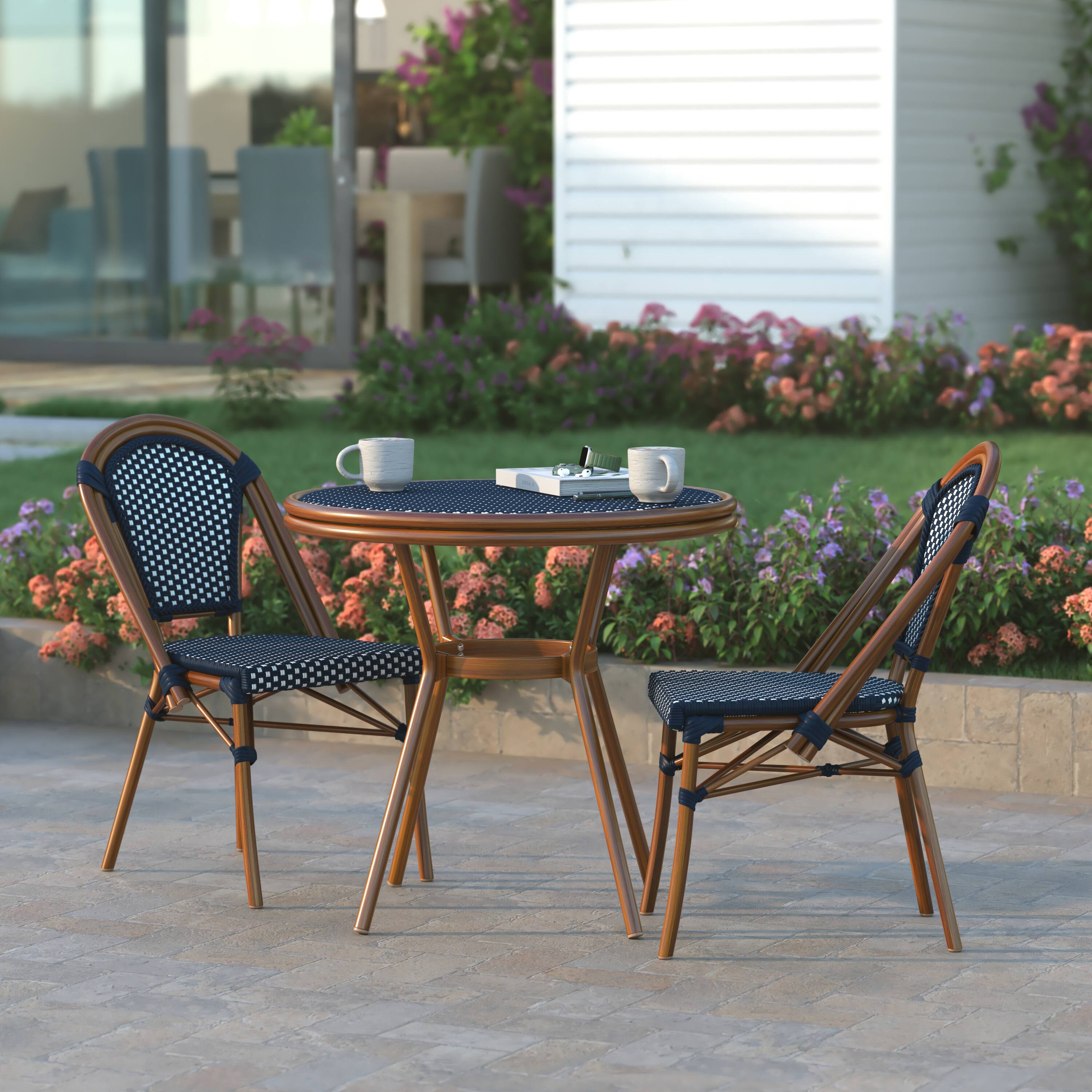Alt View 3. Emma + Oliver - Soie Indoor/Outdoor Bistro Style 31.5 in. Table with PE Rattan, Glass Top, and Two Chairs - Metal Frame - Navy & White Rattan/Natural Frame.