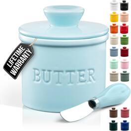 Zulay Kitchen - Porcelain Butter Crock With Lid & Knife - Authentic French Butter Dish Keeper For Fresh - Light Blue
