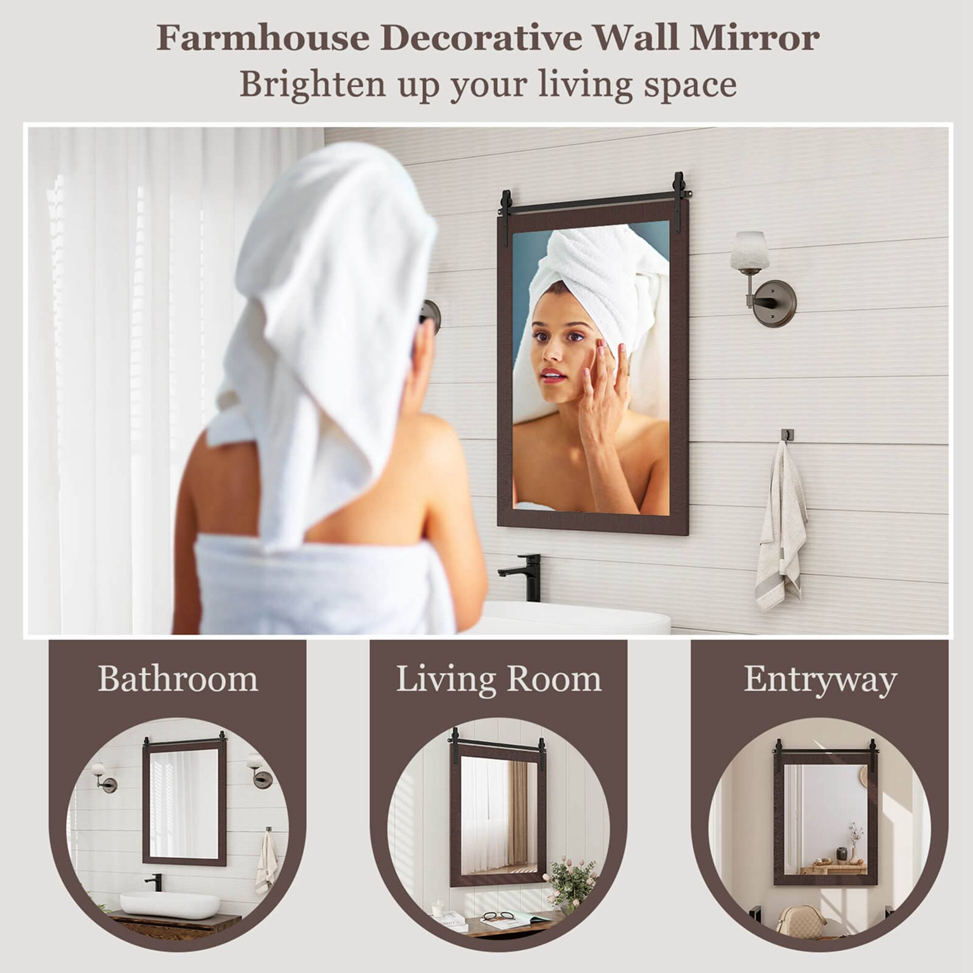 Farmhouse Decorative Wall Mirror  
Brighten up your living space  

Bathroom  
Living Room  
Entryway