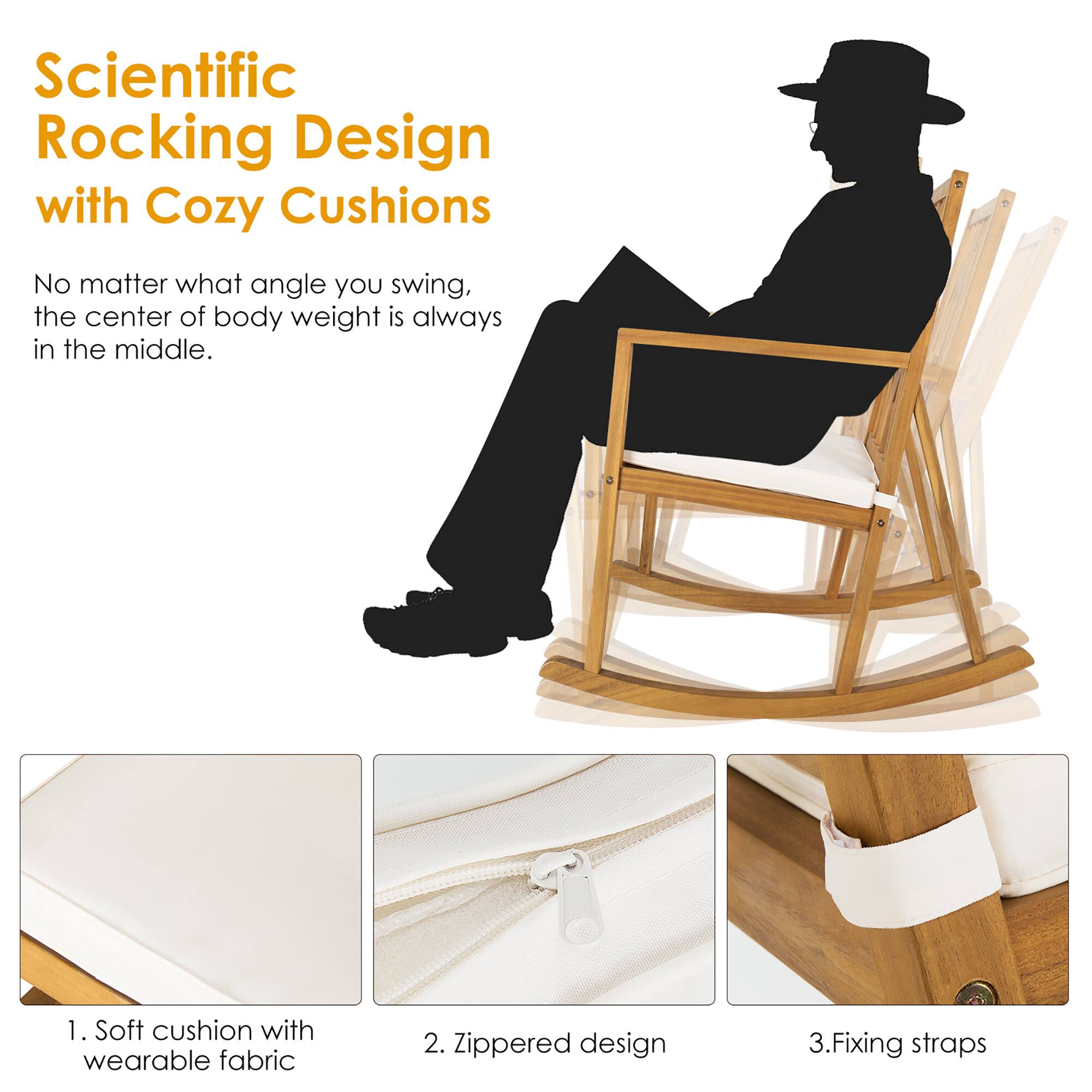 Scientific Rocking Design with Cozy Cushions

No matter what angle you swing, the center of body weight is always in the middle.

1. Soft cushion with wearable fabric
2. Zippered design
3. Fixing straps