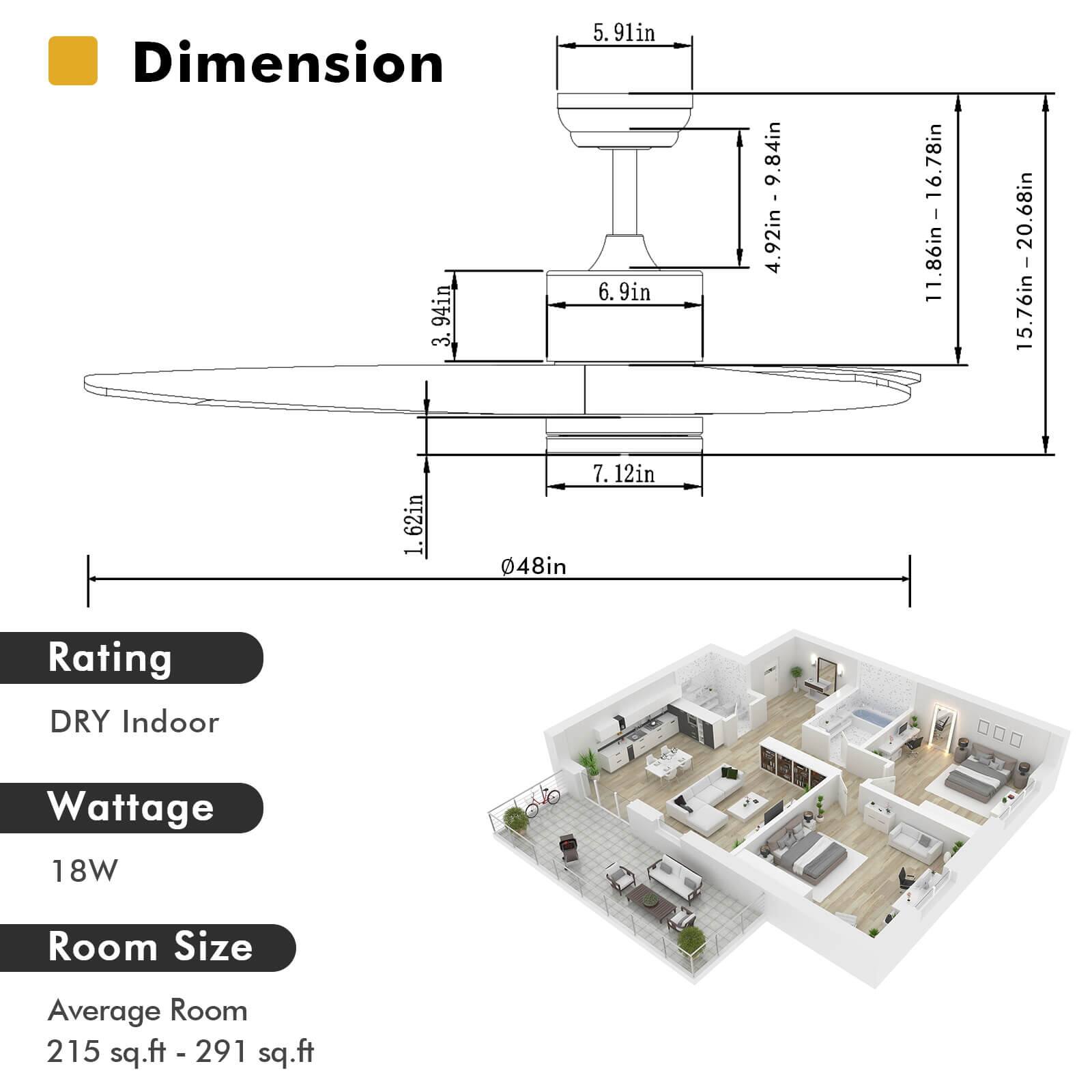 Dimension  
- 94in  
- 3.91in  
- 5.91in  
- 6.9in  
- 11.86in - 16.78in  
- 15.76in - 20.68in  
- 62in  
- 48in  
- 7.12in  

Rating: DRY Indoor  
Wattage: 18W  
Room Size: Average Room 215 sq.ft - 291 sq.ft