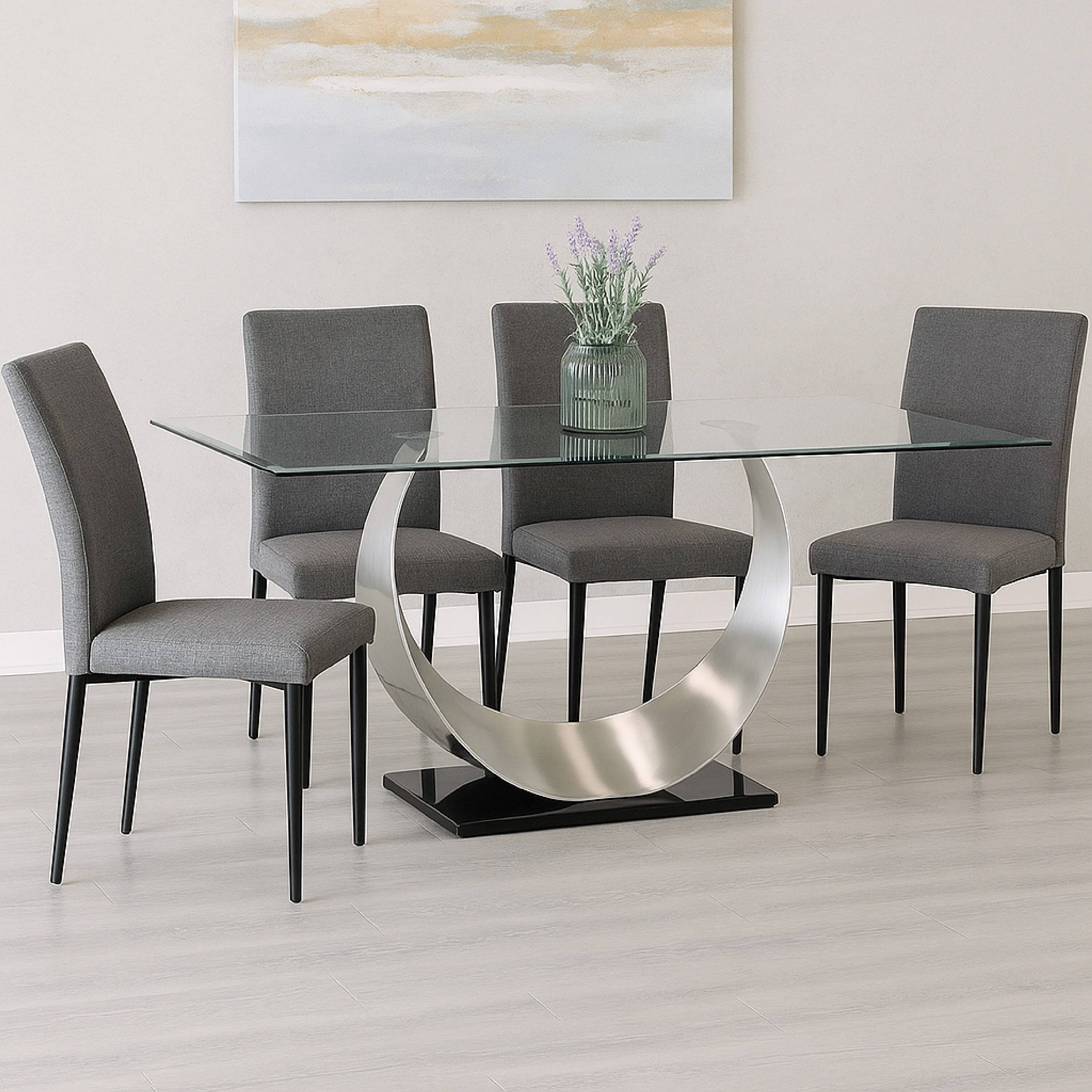 Alt View 5. Manhattan Lane - Metal and Glass Dining Table with Unique U Shape Pedestal Base - Chrome and Black.