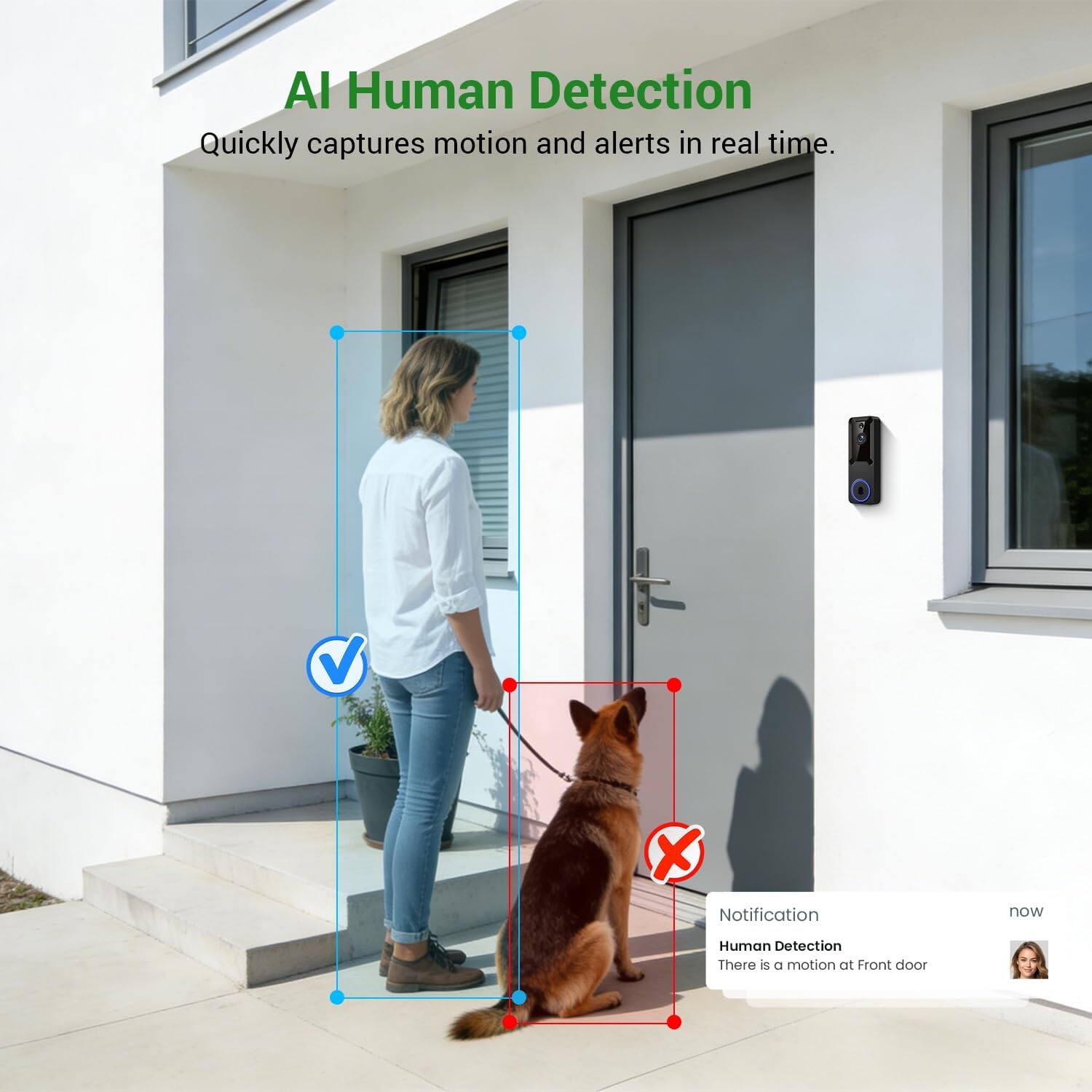 AI Human Detection  
Quickly captures motion and alerts in real time.  

Notification  
Human Detection  
There is a motion at Front door