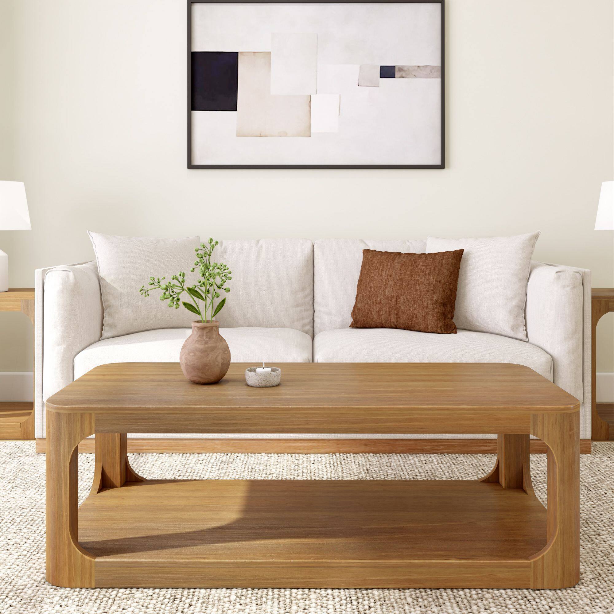 Alt View 1. Plank+Beam - Forma Rectangular Coffee Table with Shelf (54in x 24in / 1370mm x 610mm), Pecan - Pecan.