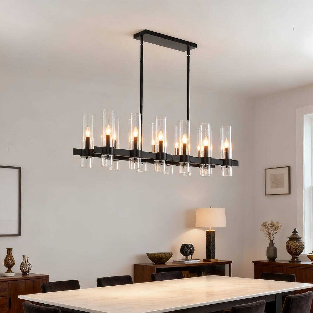Alt View 7. Loheer - Loheer Modern Farmhouse Chandelier with Clear Glass Shades, Matte Black Linear Pendant for Dining Room or Kitchen Island.