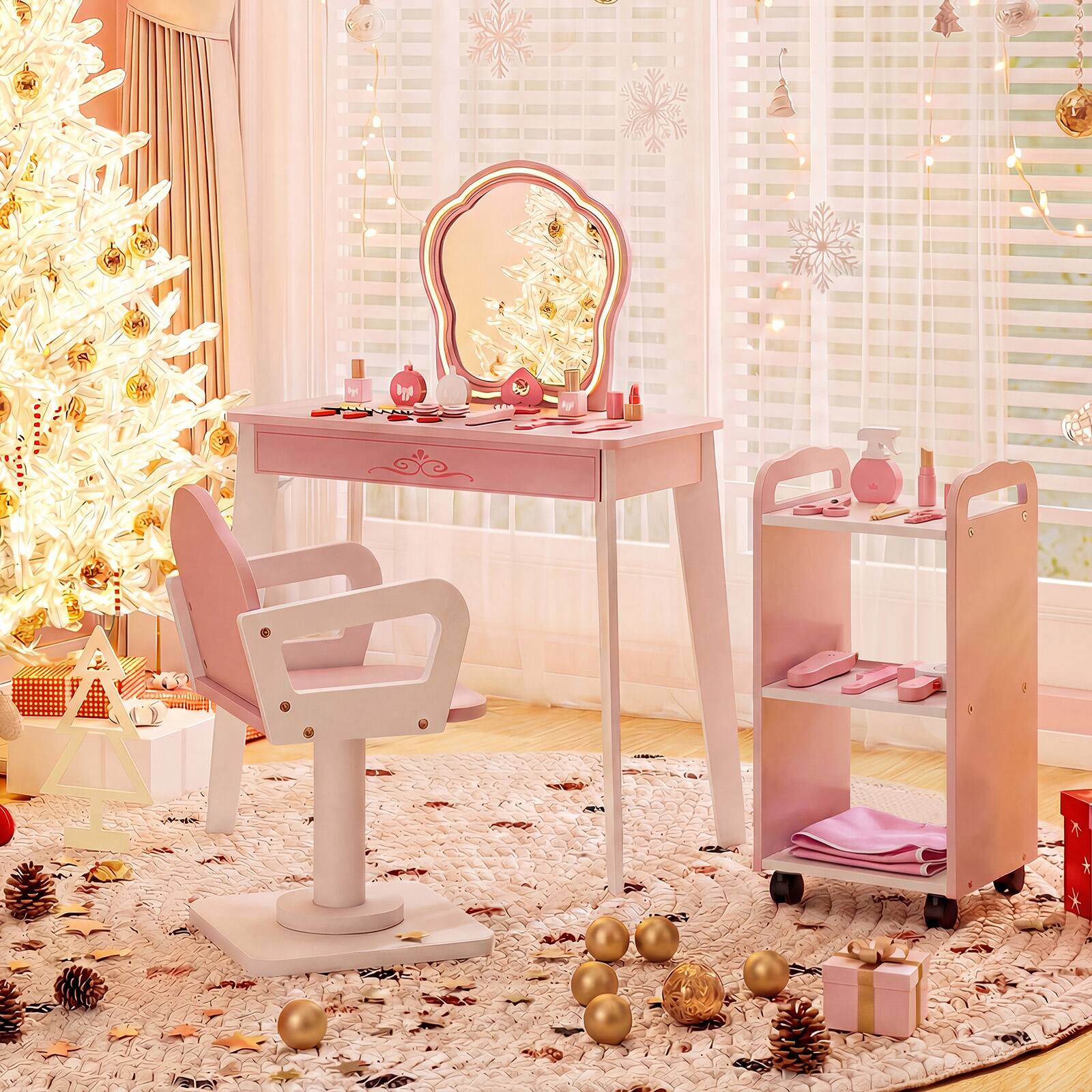 Alt View 3. Costway - Costway Kids Hair Salon Play Set with LED Lighted Mirror, Swivel Barber Chair, Rolling Cart - Light Pink.