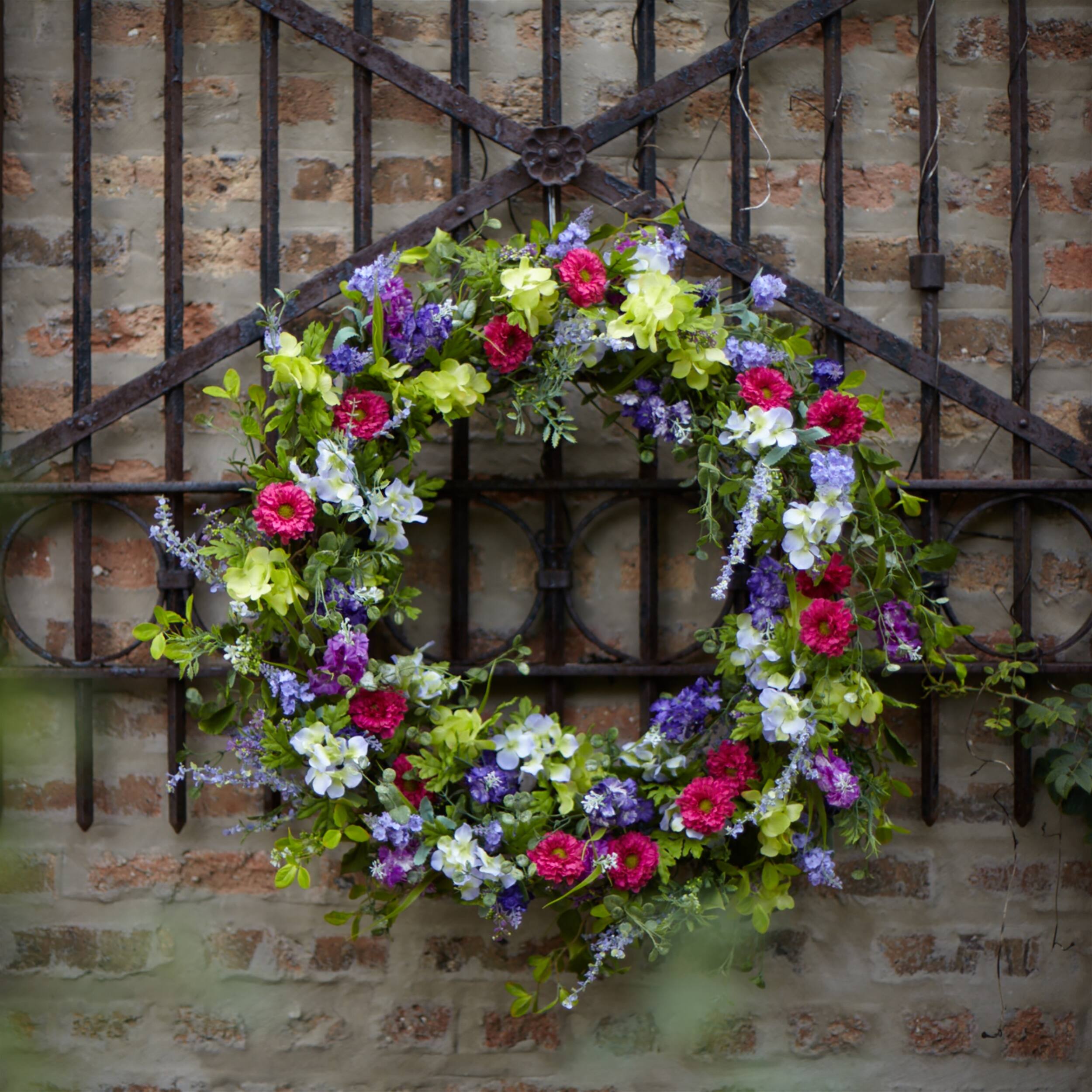 Angle. BreeBe - Mixed Floral Wreath 24"D - Green, Pink.