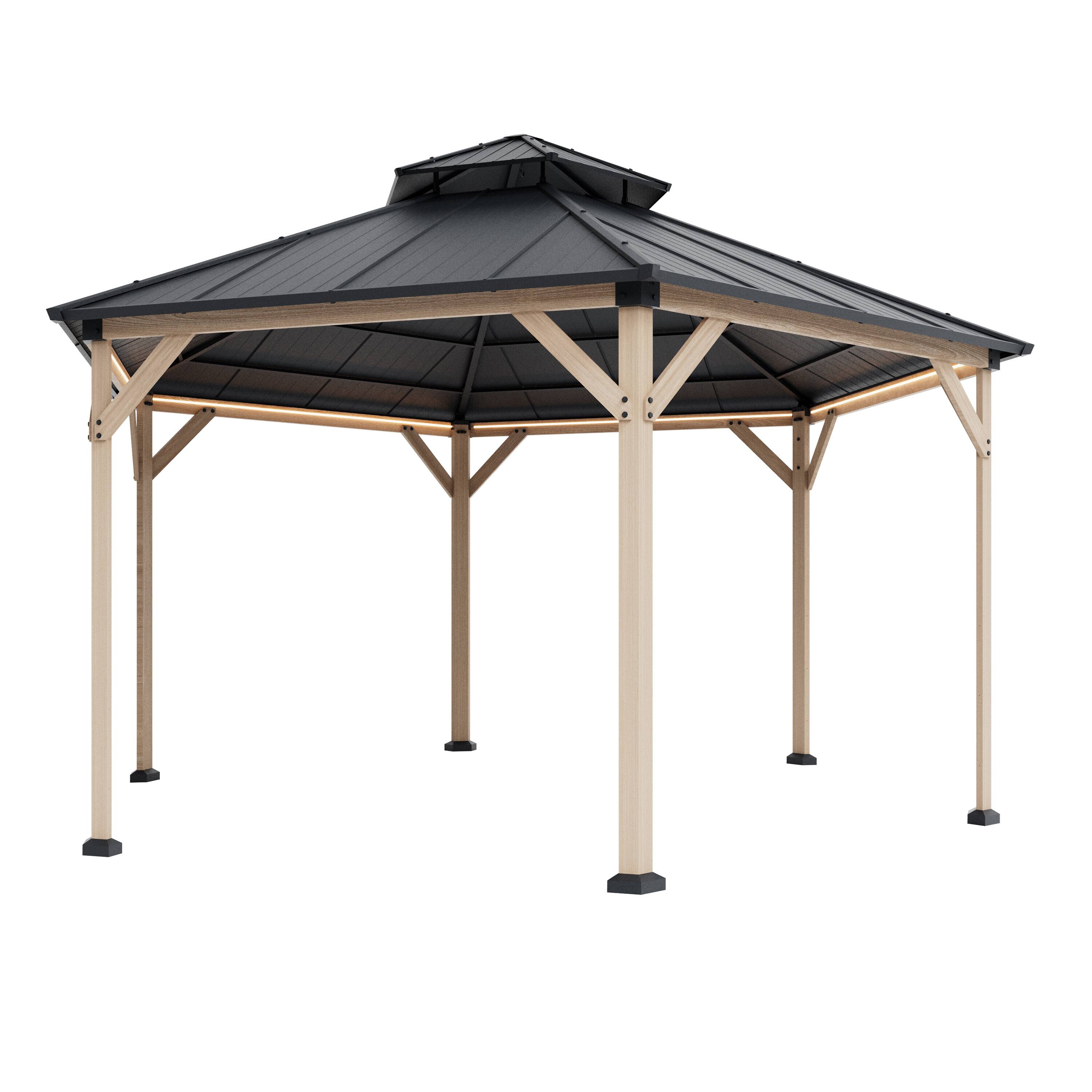 Back. Mondawe - 15Ft Hexagon Hardtop Gazebo with Solar LED Light and Metal Roof - Gray.