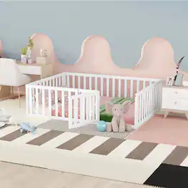 Whisen - Wood Daybed Frame, Montessori Floor Bed with Fence and Door - White