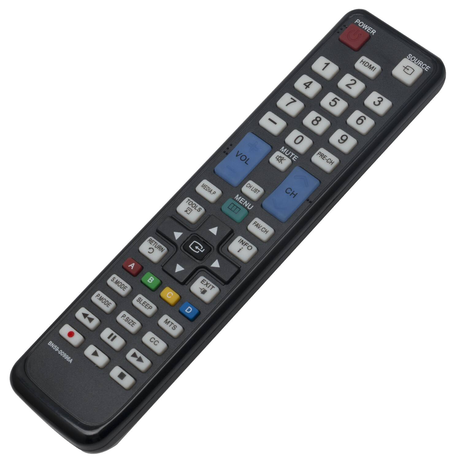 VOL C POWER 1 HDMI 4 2 7 5 3 - 8 6 0 9 x MUTE PRE-CH CH SOURCE MEDIA.P TOOLS S RETURN A S. B S.MODE - EXIT C P.MODE SL SLEEP D 44 P.SIZE MTS " CC BN59-00996A BN59 A N CHLIST MENU FAV.CH i INFO CH