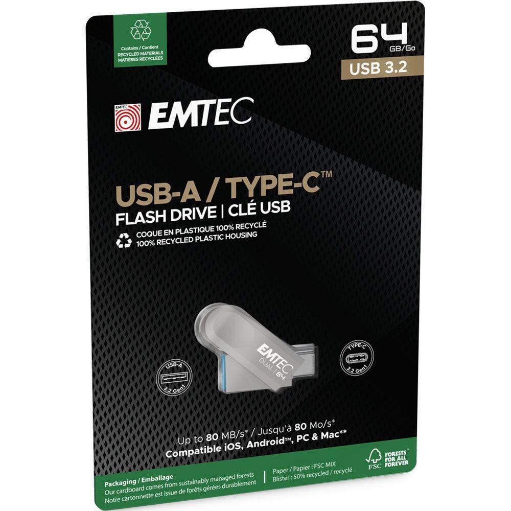 Contains Recycled Materials  
Matières Recyclées  
EMTEC 64 GB/Go  
USB 3.2 USB-A / Type-C Drive  
Clé USB Flash  
100% Recycled Plastic Housing  
Coque en Plastique 100% Recyclé  
Up to 80 MB/s*  
Jusqu'à 80 Mo/s*  
Compatible iOS, Android, PC & Mac**  
Packaging: 50% recycled  
Our cardboard comes from sustainably managed forests  
Notre cartonnette est issue de forêts gérées durablement  
FSC MIX Paper  
Papier recyclé