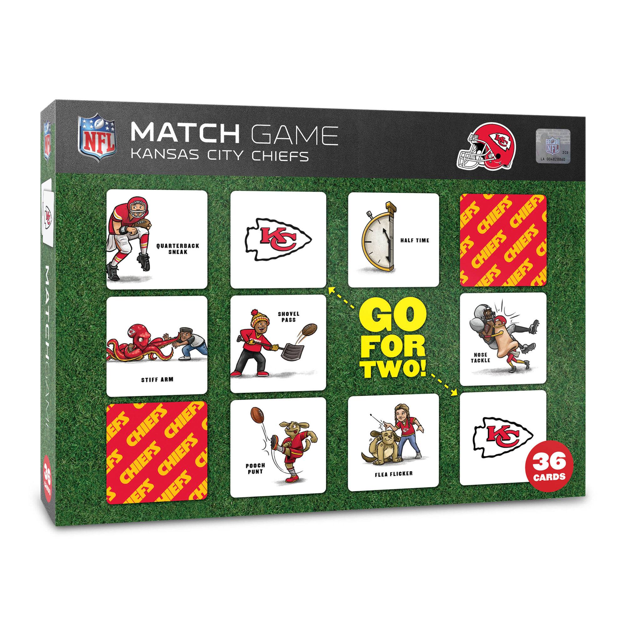 MATCH GAME  
NFL  
KANSAS CITY CHIEFS  

QUARTERBACK SNEAK  
STIFF ARM  
PASS  
POGCH PUNT  
FLEA FLICKER  
HALF TIME  
GO FOR TWO!  
NOSE TACKLE  

36 CARDS