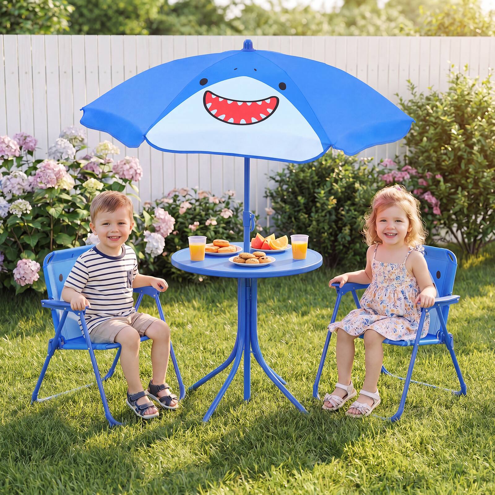 Alt View 3. Gymax - Gymax Kids Picnic Table Outdoor Table&Chair Set 2 Folding Chairs&Adjustable Umbrella Blue - Blue.