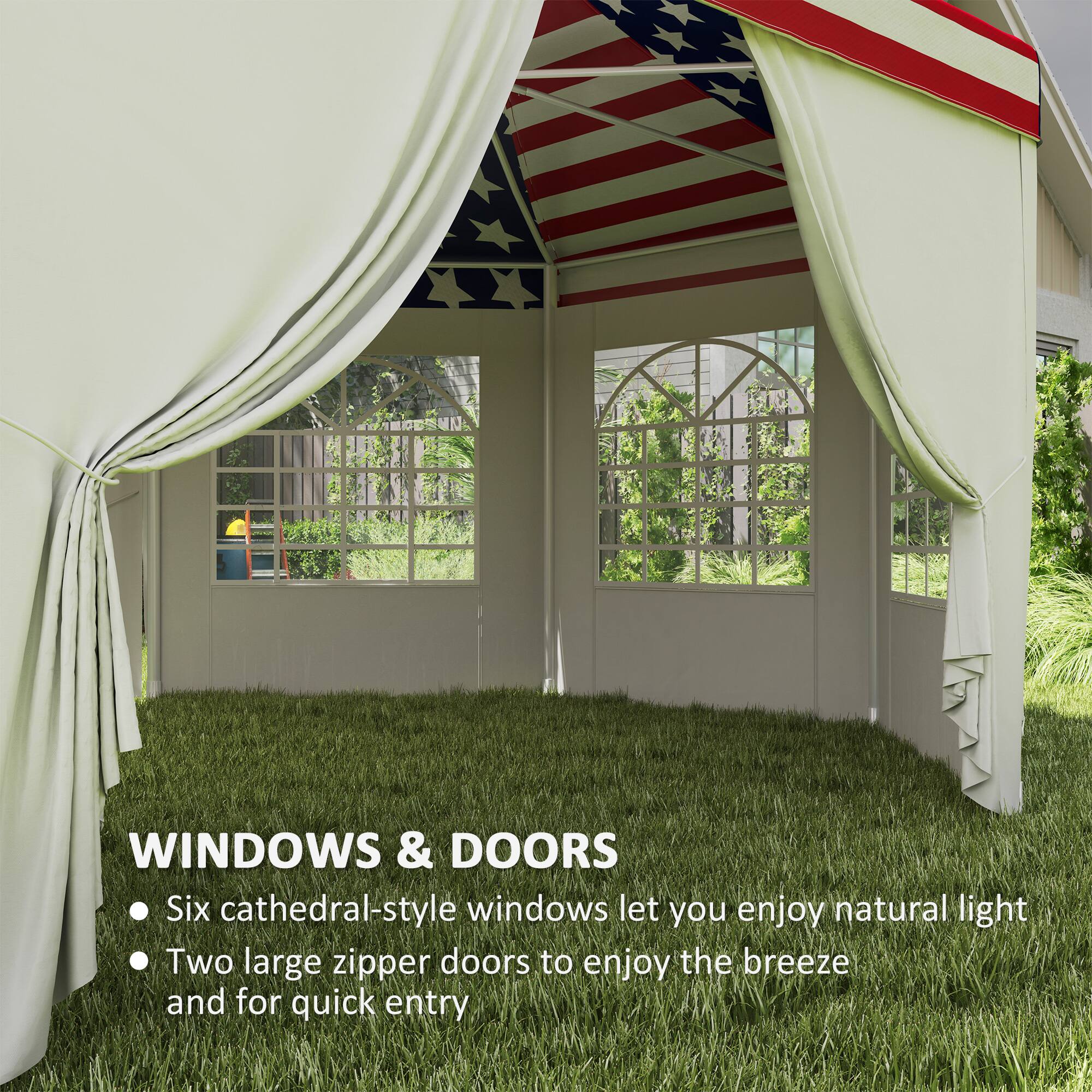 WINDOWS & DOORS
- Six cathedral-style windows let you enjoy natural light
- Two large zipper doors to enjoy the breeze and for quick entry
