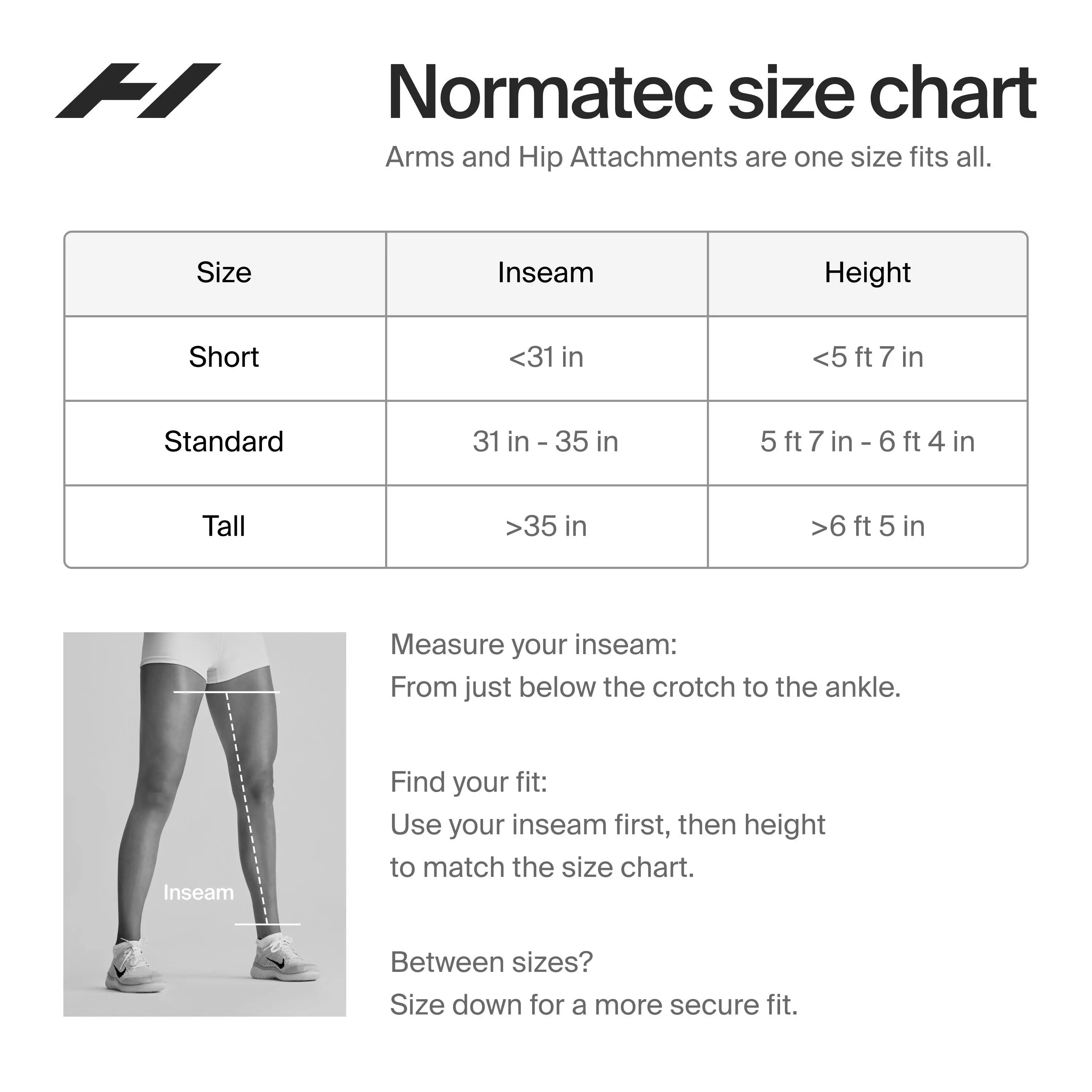 Normatec size chart  
Arms and Hip Attachments are one size fits all.  

| Size   | Inseam       | Height          |
|--------|--------------|----------------|
| Short  | <31 in       | <5 ft 7 in      |
| Standard | 31 in - 35 in | 5 ft 7 in - 6 ft 4 in |
| Tall   | >35 in       | >6 ft 5 in      |

Measure your inseam:  
From just below the crotch to the ankle.  

Find your fit:  
Use your inseam first, then height to match the size chart.  

Between sizes?  
Size down for a more secure fit.