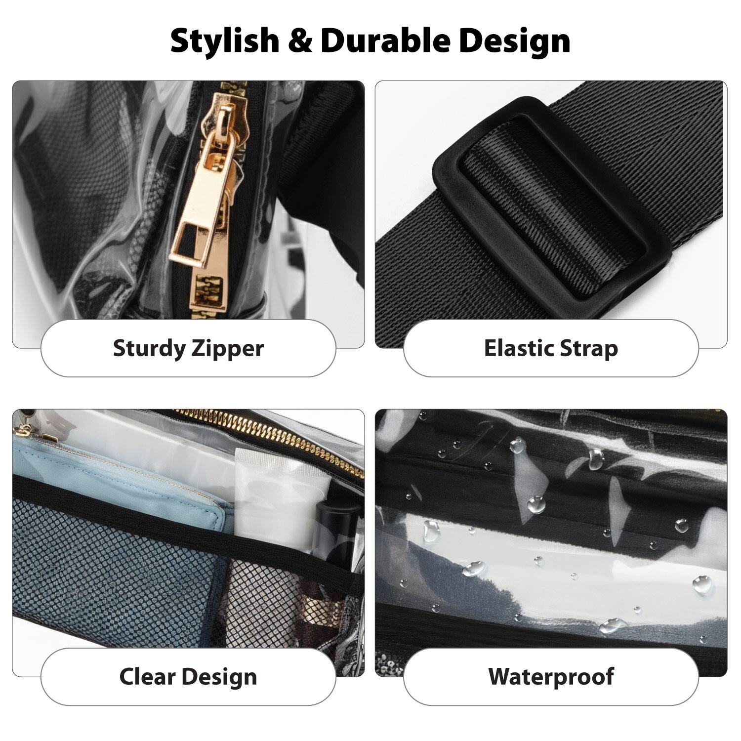 Stylish & Durable Design

- Sturdy Zipper
- Elastic Strap
- Clear Design
- Waterproof