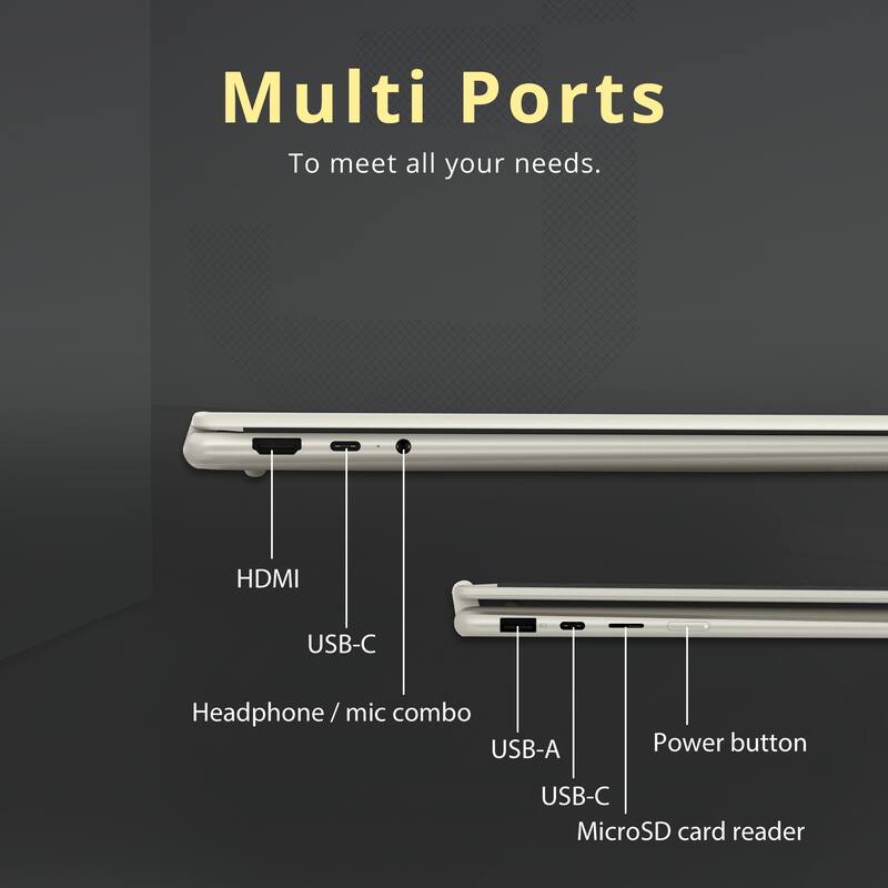 Multi Ports  
To meet all your needs.  

- HDMI  
- USB-C  
- Headphone / mic combo  
- USB-A  
- Power button  
- USB-C  
- MicroSD card reader