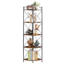 Vecelo - 5-Tier Corner Shelf, Rustic Industrial Corner Bookshelf with Metal Frame for Living Room & Small Spaces - Brown