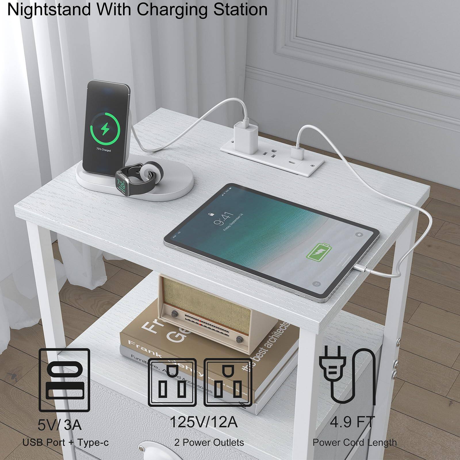 Nightstand With Charging Station

- 5V/3A USB Port + Type-c
- 125V/12A 2 Power Outlets
- 4.9 FT Power Cord Length