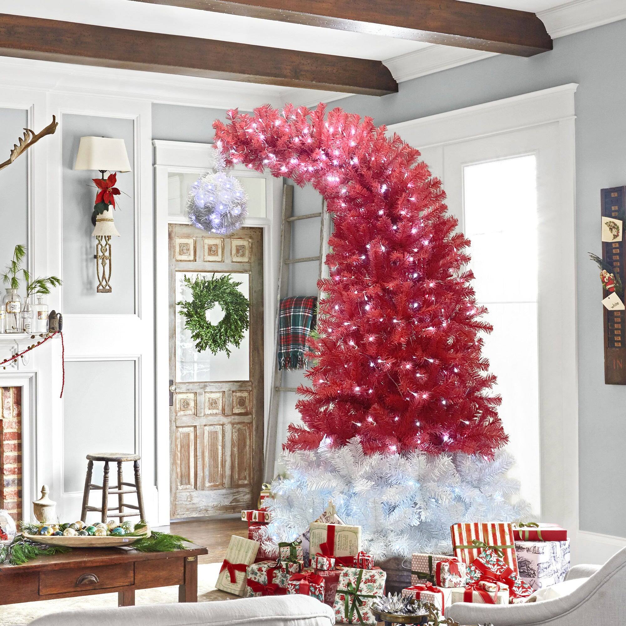 Alt View 2. BreeBe - 6FT Hinged Fir Artificial Fir Bent Top Christmas Tree - Red.