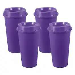 Unique Bargains - 4pcs Reusable Coffee Cups with Lids, 16oz Travel Mugs Spill Proof for Hot and Cold Drinks Juice Tea - Purple