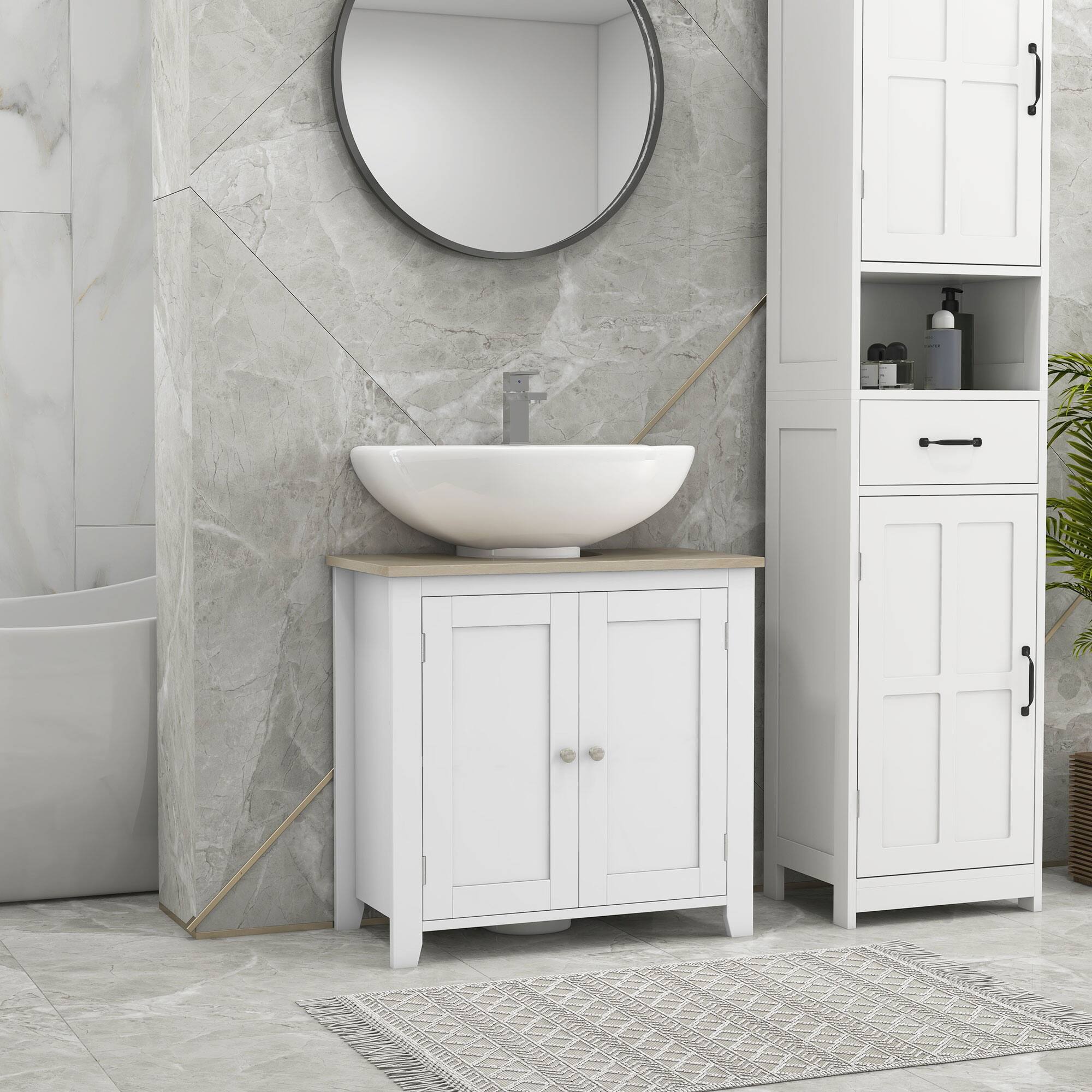 Alt View 1. Kleankin - Pedestal Sink Cabinet w/ U-Shape Cut-out & Adjustable Internal Shelf - White.