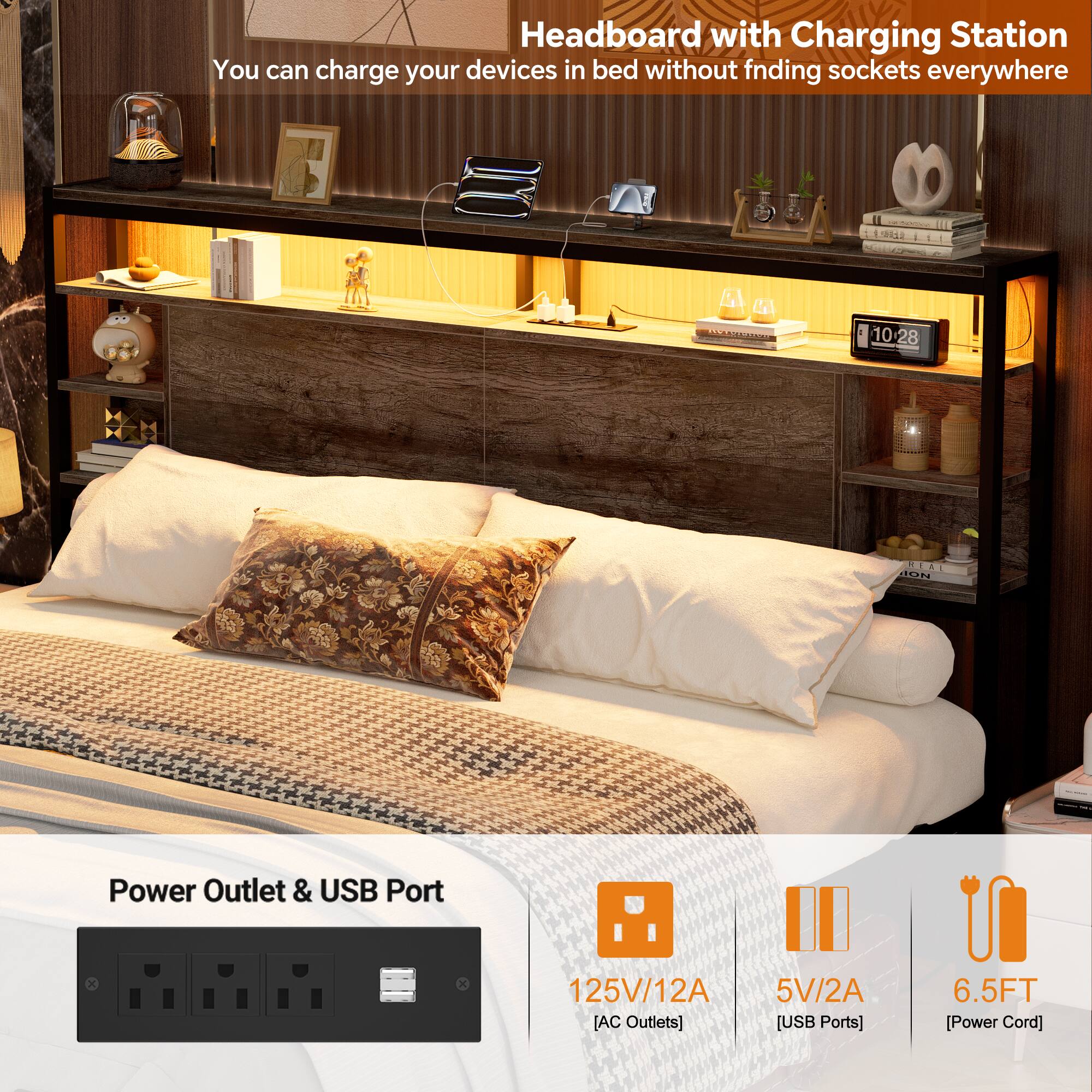 Headboard with Charging Station  
You can charge your devices in bed without finding sockets everywhere  

Power Outlet & USB Port  
125V/12A [AC Outlets]  
5V/2A [USB Ports]  
6.5FT [Power Cord]