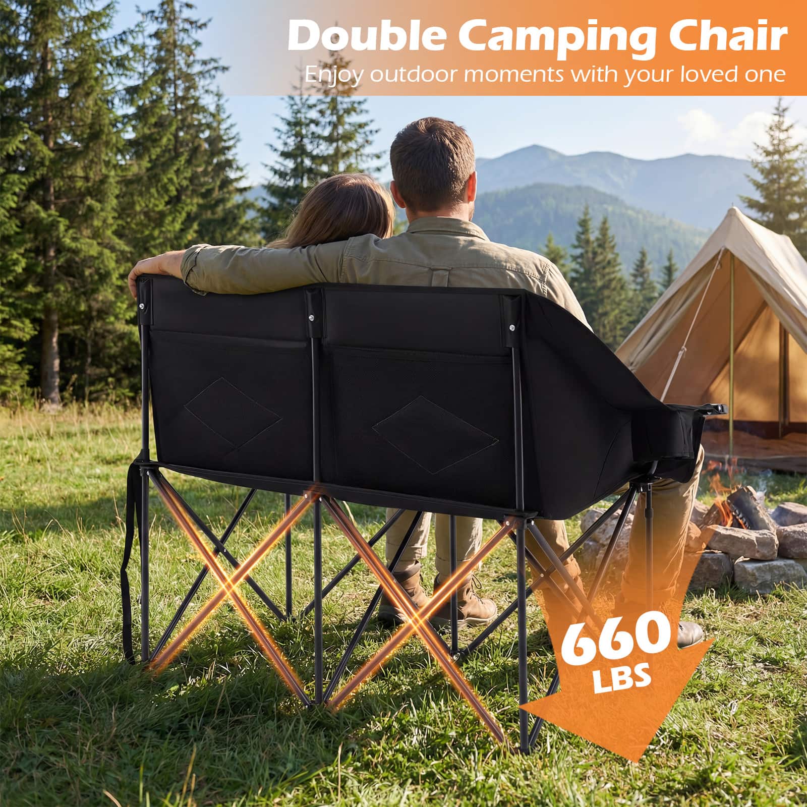 Gymax Double Camping Chair w/ Cup Holders Glass Racks & Mesh
