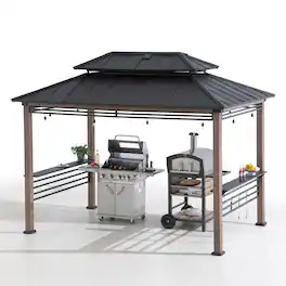 SUNJOY - 8x12 ft Extra-Tall Cedar Grill Gazebo with Larger Ventilated Roof, Solar Panel, & Shelves, Brown - Aspen Cedar+DC Solar Power+Brown