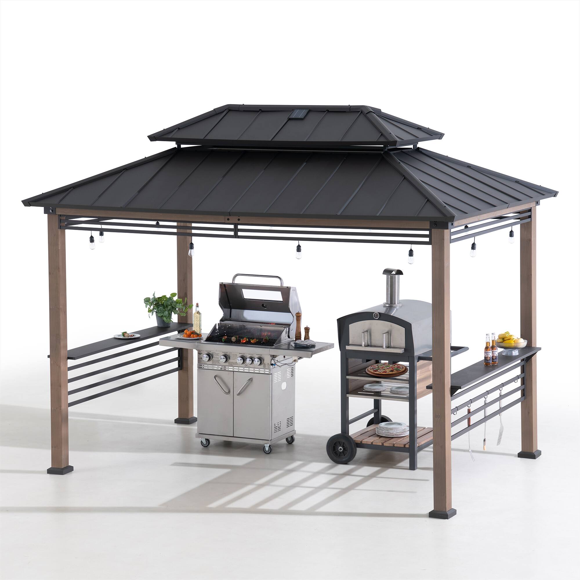 Front. SUNJOY - Sunjoy 8ft. x 12 ft. Aspen Cedar Framed Grill Gazebo with DC Solar Power Brown - Aspen Cedar+DC Solar Power+Brown.