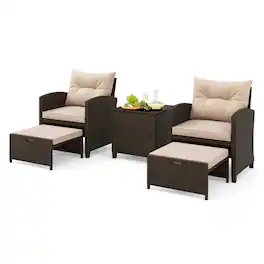 Costway - 5 PCS Patio Rattan Furniture with 2 Wicker Ottomans & Tempered Glass Coffee Table - Mix Brown + Beige