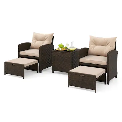 Front. Costway - Costway 5 PCS Patio Rattan Furniture with 2 Wicker Ottomans & Tempered Glass Coffee Table - Mix Brown + Beige.