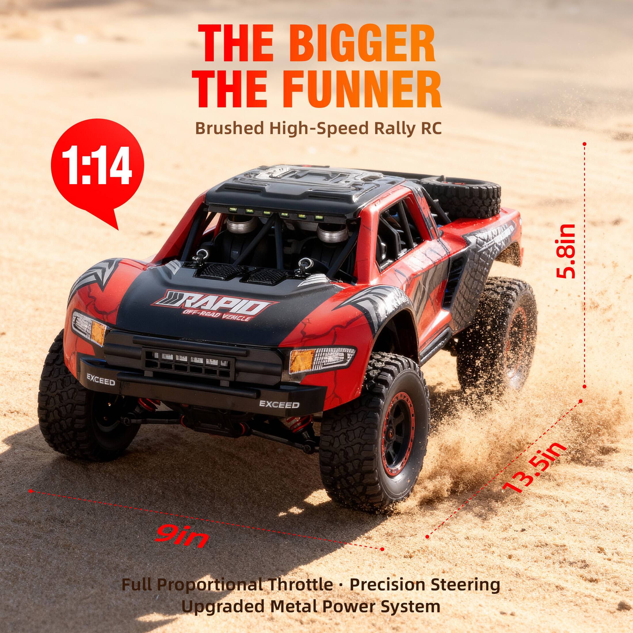 THE BIGGER THE FUNNER  
Brushed High-Speed Rally RC  
1:14  
Full Proportional Throttle • Precision Steering • Upgraded Metal Power System  
5.8in  
9in  
13.5in