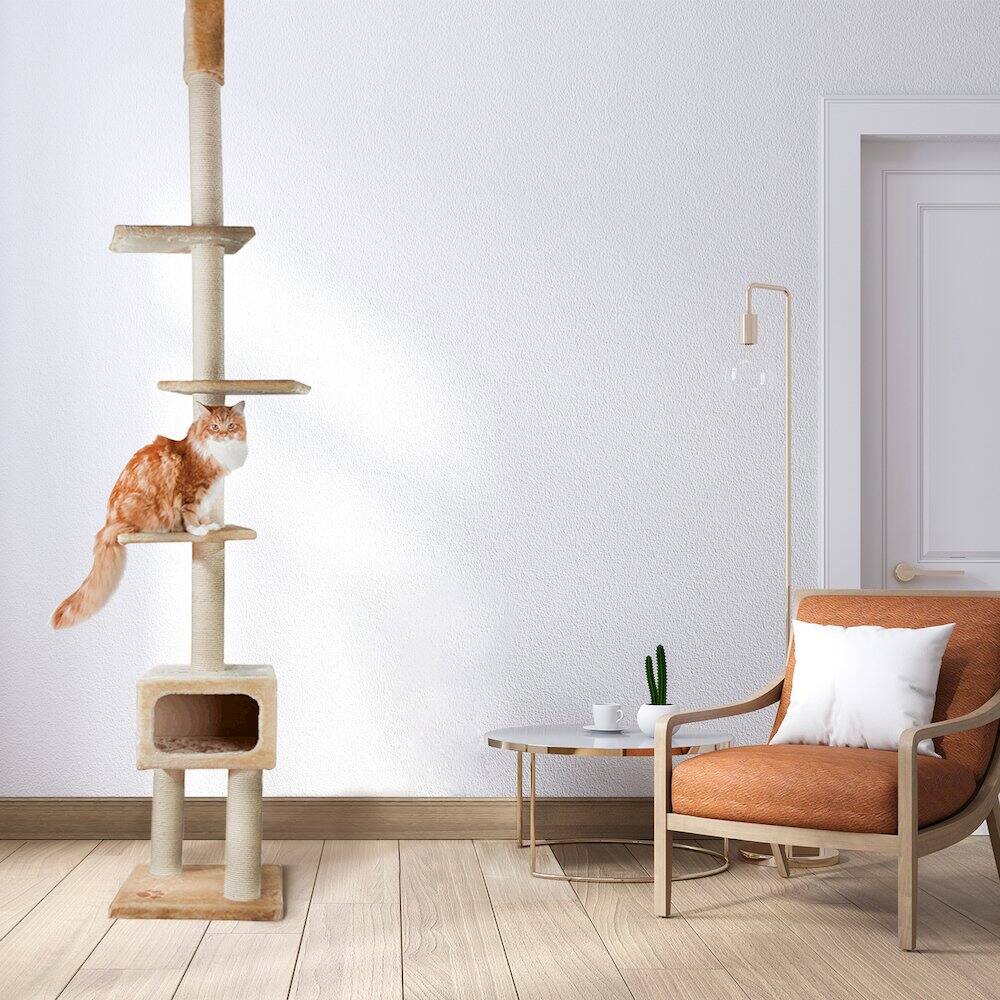 Angle. TRIXIE - Santander Plush & Sisal Adjustable 96"-108" Cat Tower with Scratching Posts - Beige.
