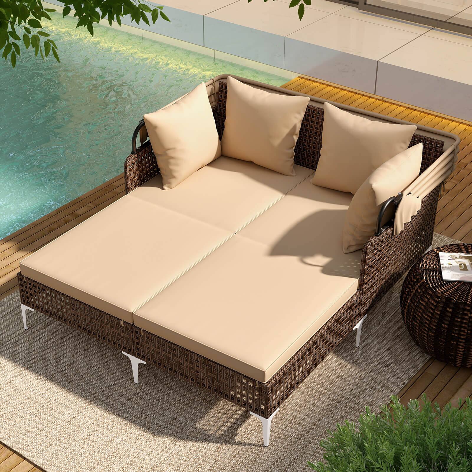 Alt View 1. Costway - Costway Outdoor Rattan Double Daybed with  Retractable Canopy & Seat Back Cushions - Brown.