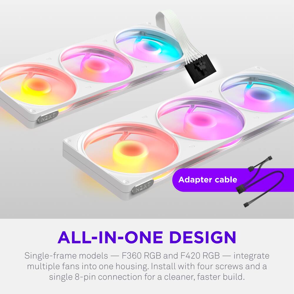 NZXT Adapter cable ALL-IN-ONE DESIGN

Single-frame models - F360 RGB and F420 RGB - integrate multiple fans into one housing. Install with four screws and a single 8-pin connection for a cleaner, faster build.