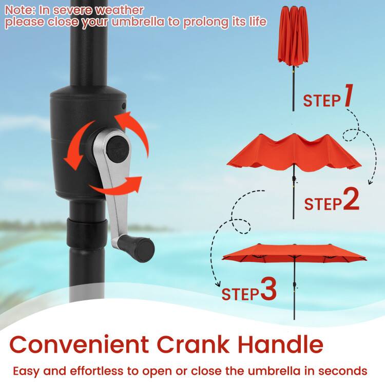 Note: In severe weather, please close your umbrella to prolong its life.

STEP 1  
STEP 2  
STEP 3  

Convenient Crank Handle  
Easy and effortless to open or close the umbrella in seconds