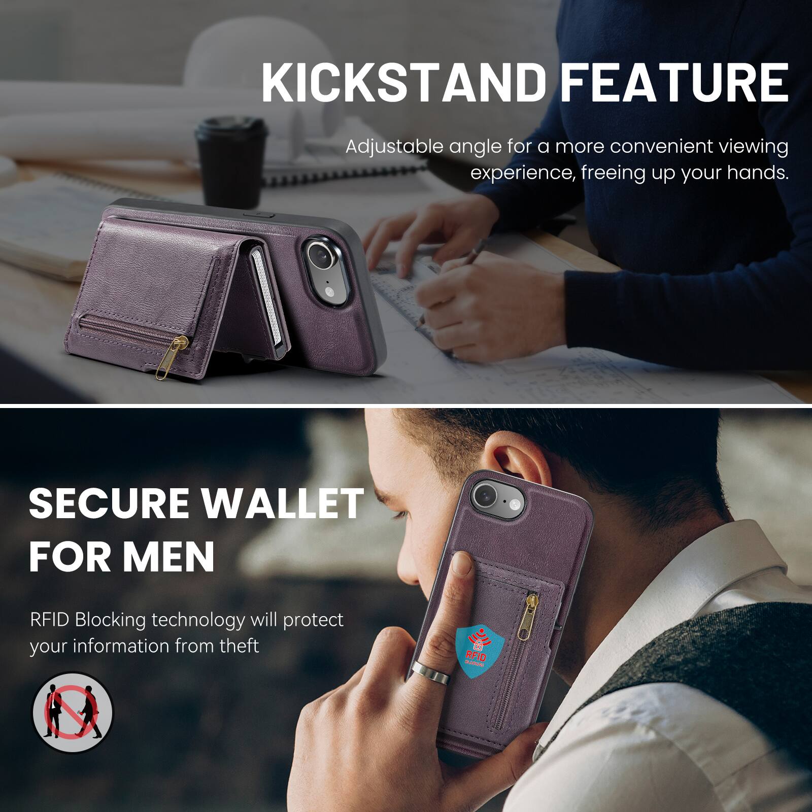 KICKSTAND FEATURE  
Adjustable angle for a more convenient viewing experience, freeing up your hands.  

SECURE WALLET FOR MEN  
RFID Blocking technology will protect your information from theft