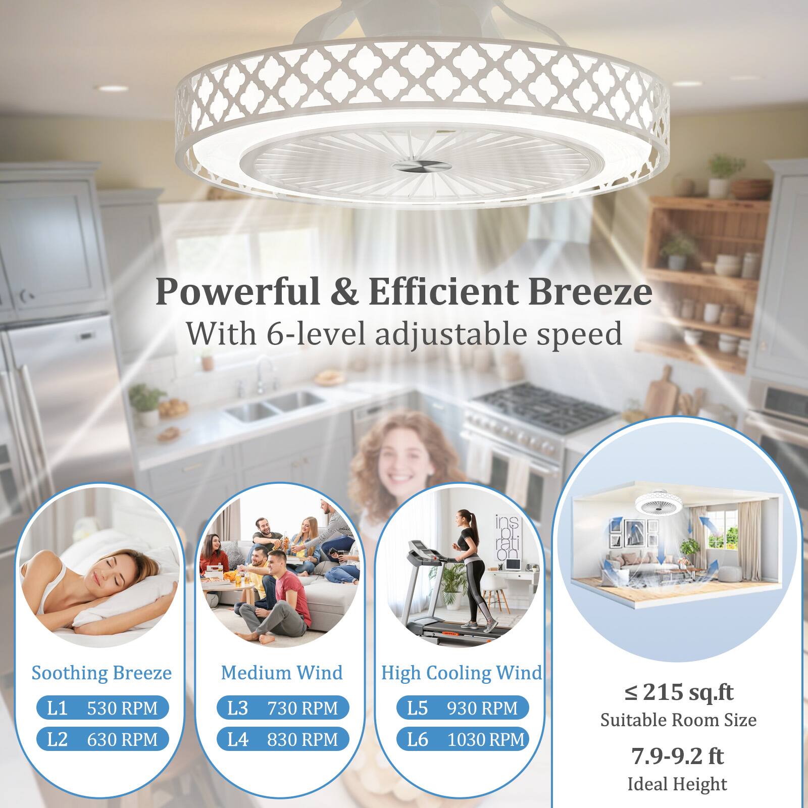 Powerful & Efficient Breeze  
With 6-level adjustable speed  

Soothing Breeze  
L1 530 RPM  
L2 630 RPM  

Medium Wind  
L3 730 RPM  
L4 830 RPM  

High Cooling Wind  
L5 930 RPM  
L6 1030 RPM  

≤ 215 sq.ft  
Suitable Room Size  
7.9-9.2 ft  
Ideal Height