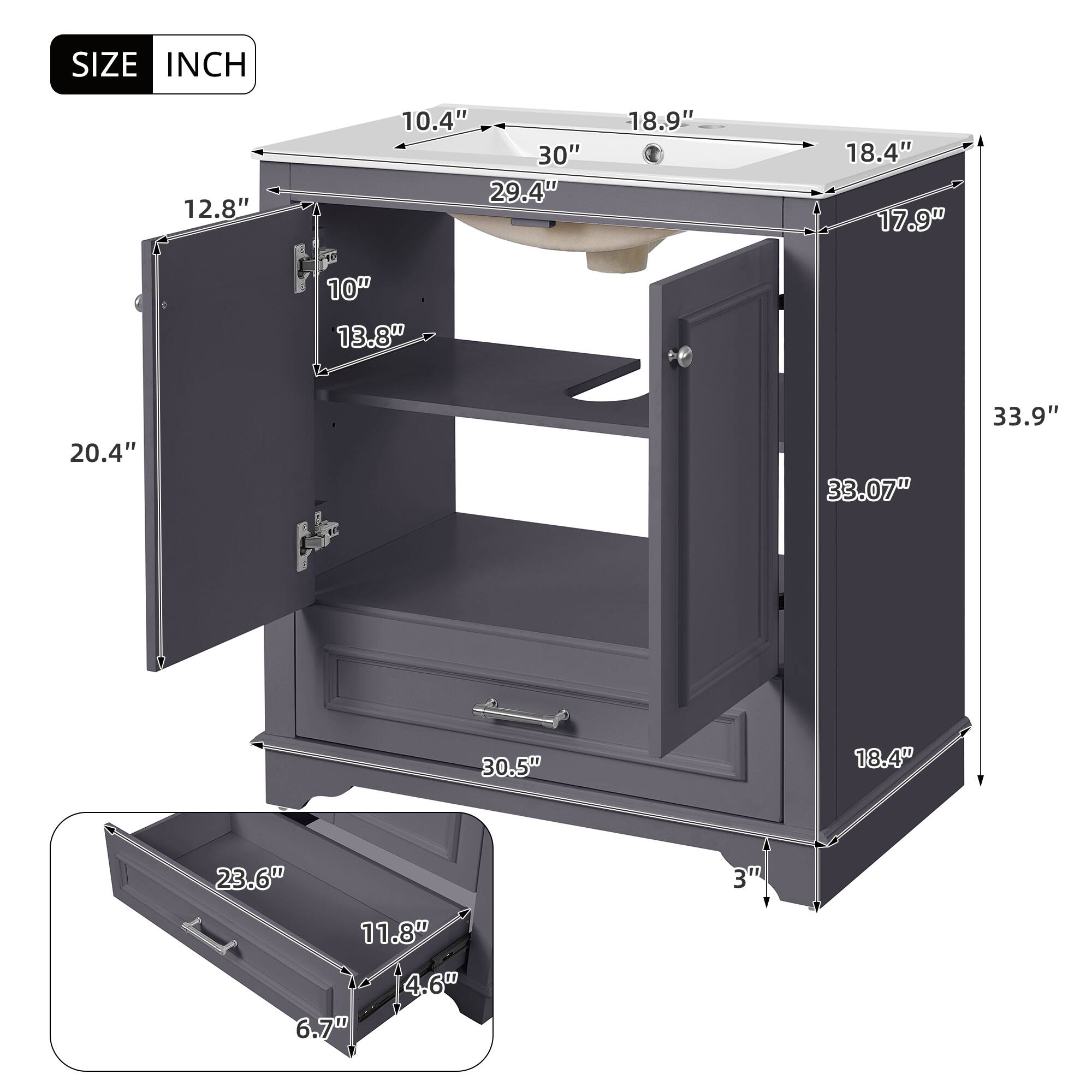 SIZE INCH  
12.8" 10.4" 30" 29.4" 16" 10" 13.8" 18.9" 18.4" 17.9" 20.4" 33.07" 33.9" 30.5" 18.4" 23.6" 3m 11.8" 6.7" 4.6"